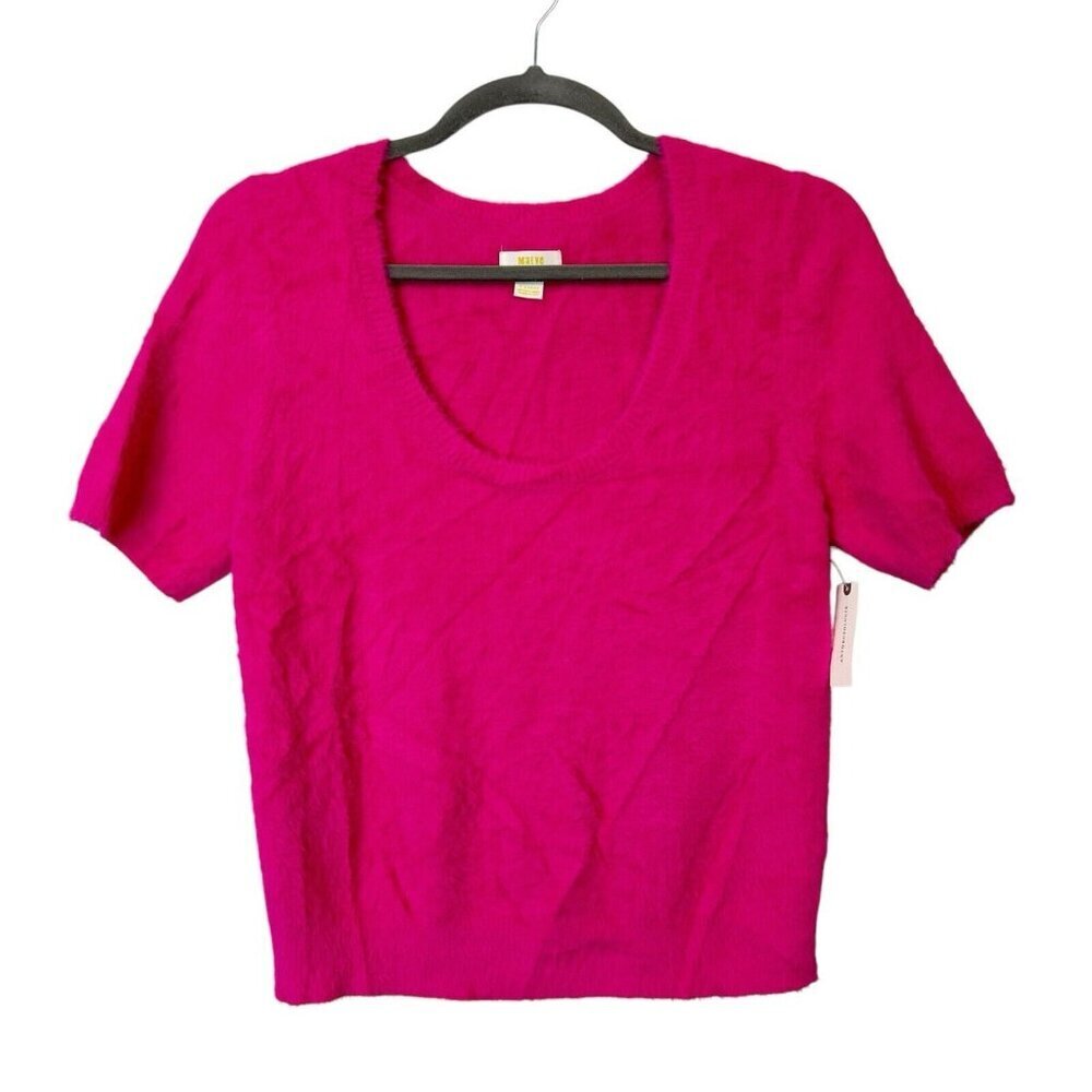 NEW Anthropologie Maeve Hot Pink Sweater Womens Size XL Fuzzy Short Sleeve